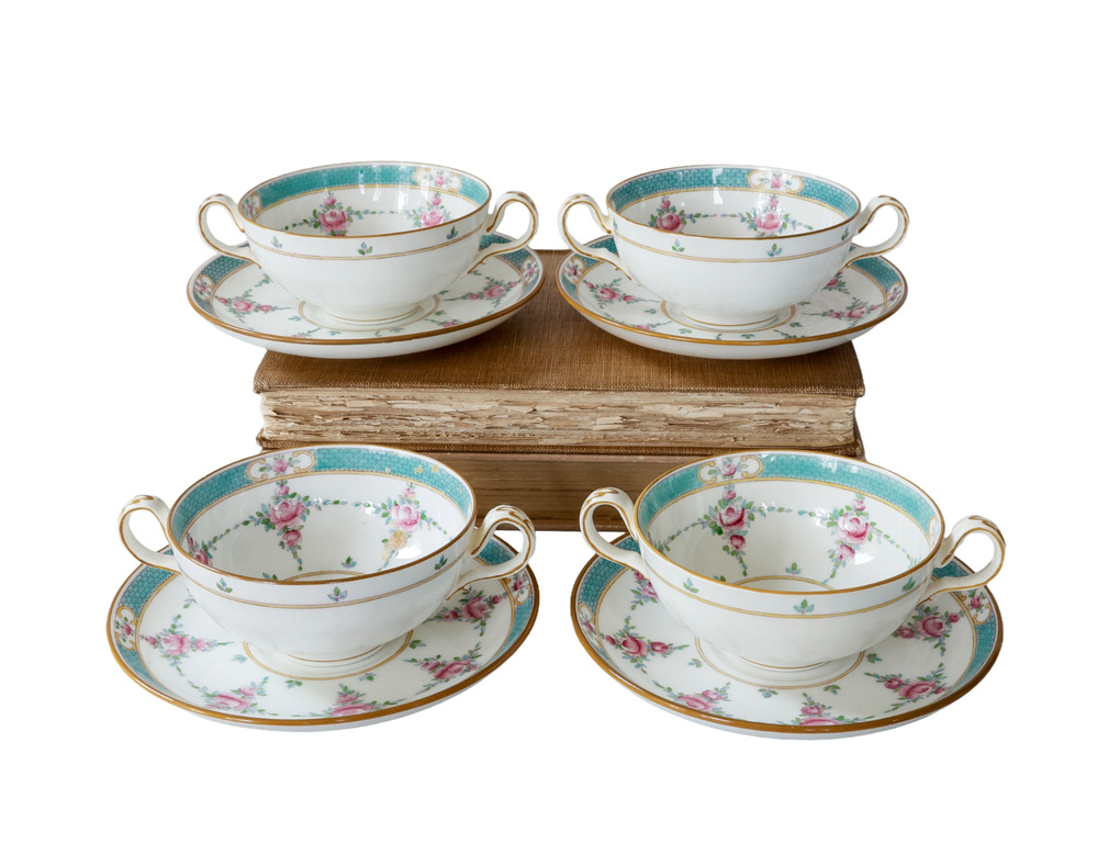Antique Minton Persian Rose Bouillon Cup & Saucer Set of 4 England 1910s Cottage